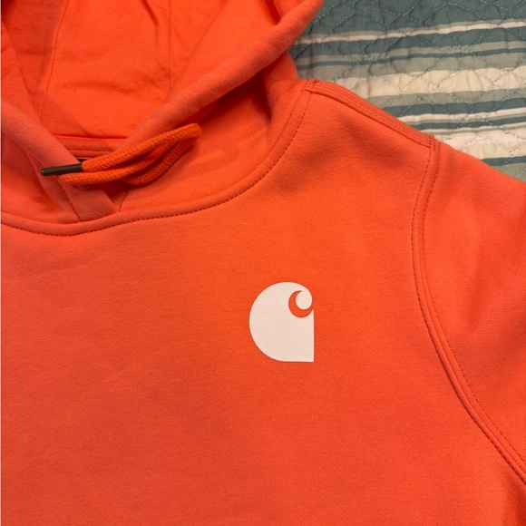 Carhartt Relaxed Fit Logo Print Hooded Sweatshirt Womens Sz Med (8-10) Orange - Picture 2 of 8
